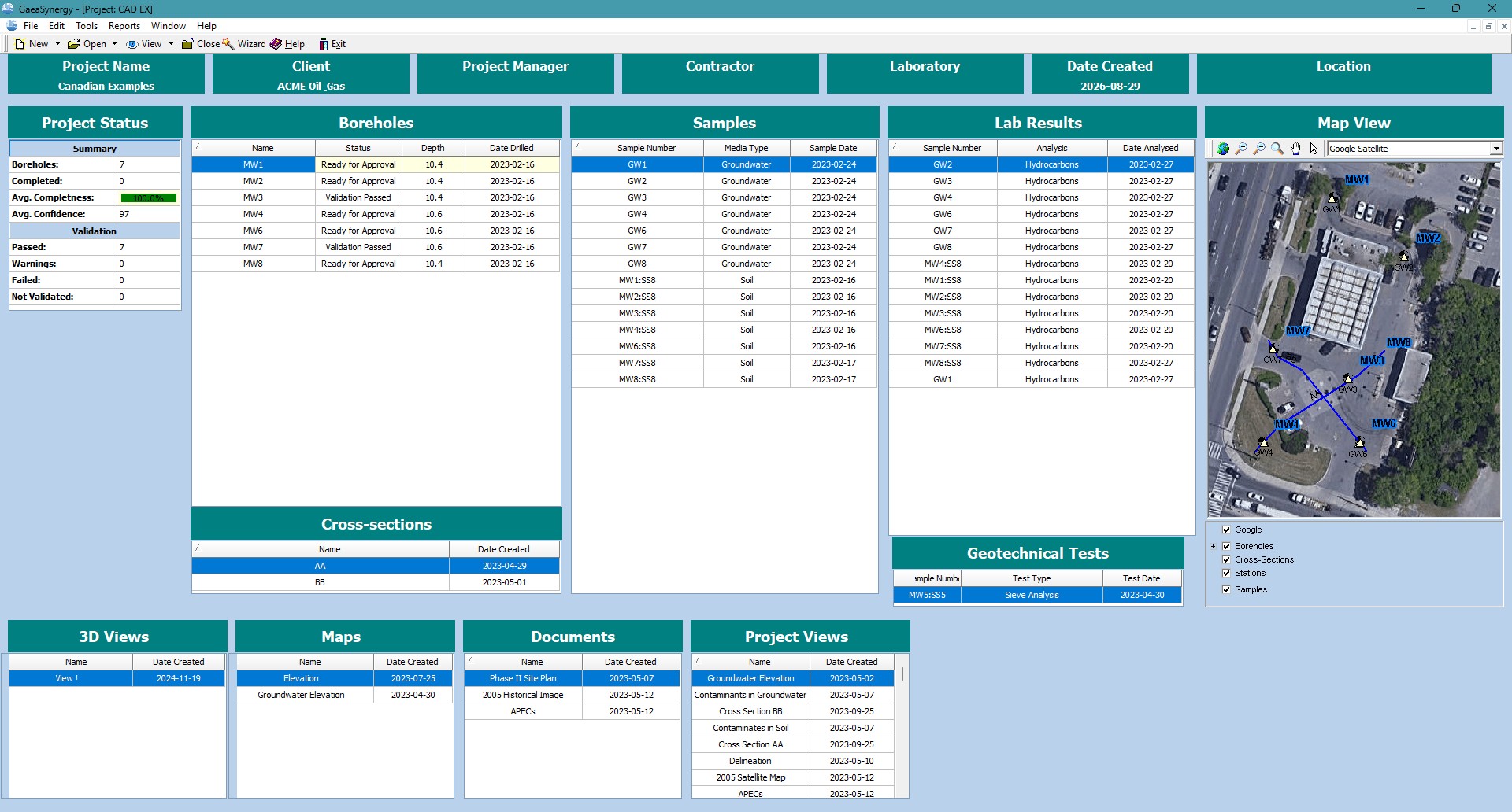 GaeaSynergy project dashboard connecting boreholes, samples, laboratory results, tests, cross-sections, maps and project views